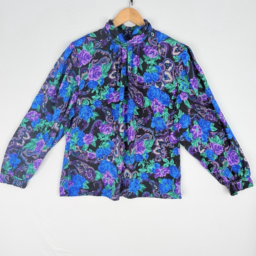 Vintage Eva Laurel NY Floral Tree Print Polyester Blouse Secretary Chic USA‎ 16